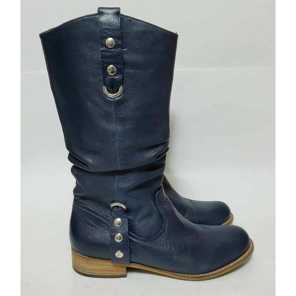 Manfield Womens 36 Boots Blue Block Heel Harness Round Toe Pull On Studded